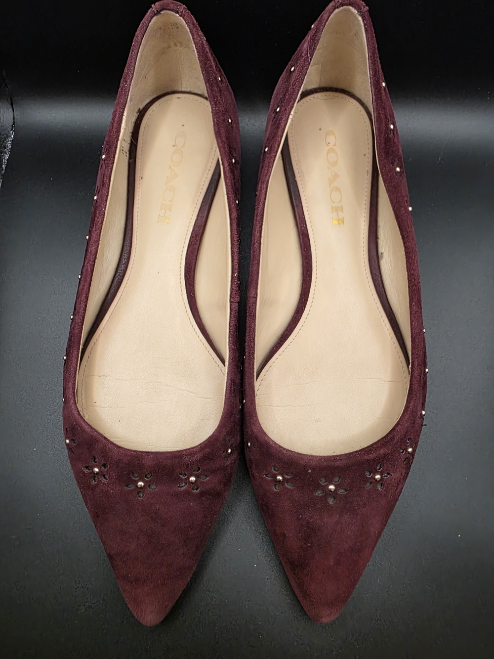 Coach Joane Lux Suede Pointed Toe Studded Flats - Oxblood / Burgundy Size 8